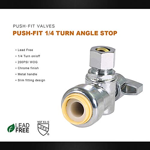 Image of Midline Valve VQBTD1214-5 Push-Fit Water Supply Stop Valve; One Piece Design; Angle Shut-off for Toilet, Sink, Dishwasher, Heater; 1 /2 in. Push x 1 /4 in. Comp; Chrome Plated Brass (5 Pack)