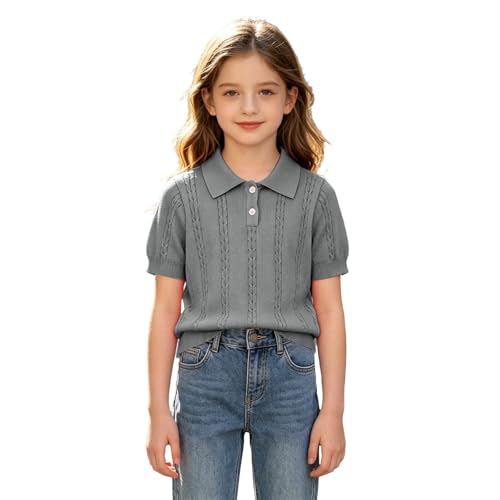 ZVYTBKI Girl Uniform Shirt Cable Knit Collared Short Sleeve Fit Tops Summer Casual Solid School Shirts for Girls Grey, 7-8 Years