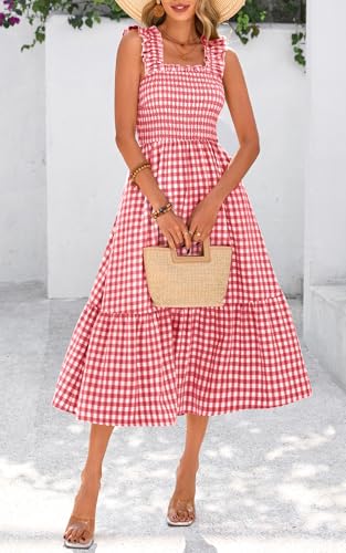 Image of PRETTYGARDEN Women's Summer Dress Casual Ruffle Strap Gingham Midi Sundress