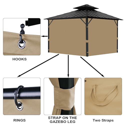 Gazebo Universal Replacement Privacy Curtain, 12'X12' Gazebo Curtains Outdoor Waterproof, 4-Panels Sidewall with Zipper for Patio, Garden and Backyard (Only Curtains, 12'X12', Beige) - Image 5