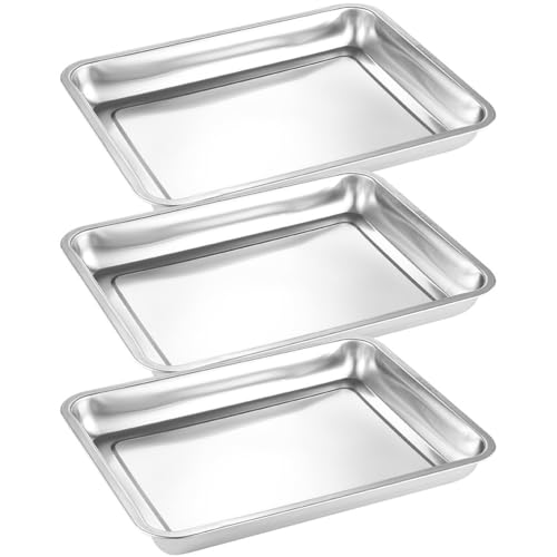 SECFOU Stainless Steel Oven Tray Set of 3 12.6 Inch Rectangular Baking Pans Deep Edged Multipurpose Oven Pans for Baking Barbecue Grilled Fish Serving Dishwasher Safe