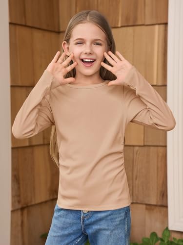 Image of Haloumoning Girls Long Sleeve Shirts Crewneck Ruched Side Slim Fit Tops Ribbed Knit Casual Tee Shirt 4-15 Years