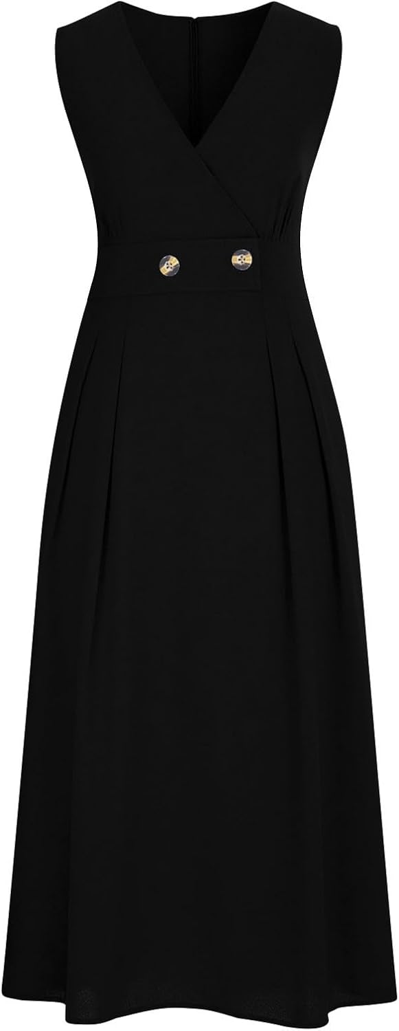 HGps8w Elegant Linen Flowy Maxi Dresses for Women Summer Loose V Neck Sleeveless Swing Party Vacation Dress