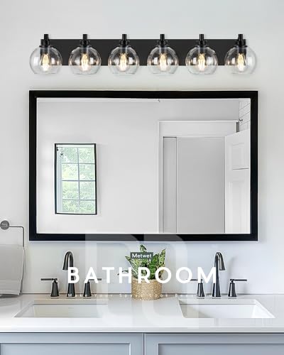 Image of Bathroom Light Fixtures, 6 Light Matte Black Vanity Light, 38 Inch Modern Wall Sconces with Globe Clear Glass Shade, Vanity Lighting Fixtures Over Mirror, VL195-MB-6