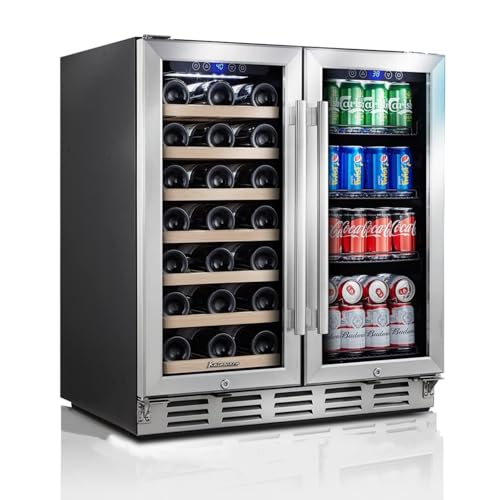 Wine and Beverage Refrigerator, 30.5'' Dual Zone Wine Cooler with Glass Door Hold 33 Bottles and 100 Cans, Under Counter Wine Beer Fridge Built-in or Freestanding Bverage Cooler with Blue LED Light