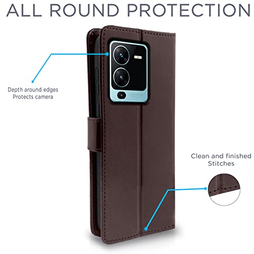 Image of Pikkme Vivo V25 Pro 5G Flip Case Leather Finish | Inside TPU with Card Pockets | Wallet Stand and Shock Proof | Magnetic Closing | Complete Protection Flip Cover (Coffee)