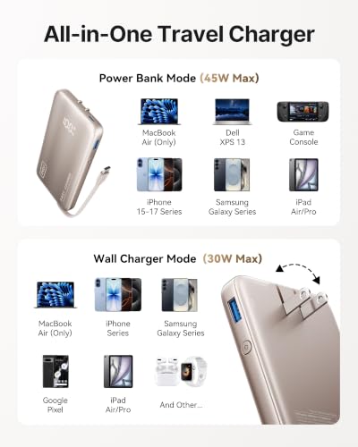 Image of INIU Portable Charger, Ultra Slim 45W Fast Charging Power Bank with Built-in AC Wall Plug, 10000mAh GaN 3-in-1 Battery Pack for Flight-Safe Travel, for iPhone 17 16, Samsung S26, iPad etc, Champagne