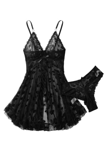 Image of Foxiny Sexy Ruffle Sheer Mesh Lace Wireless Babydoll Lingerie Dress with Thong 2 Piece