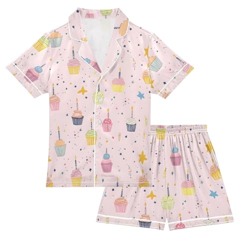 ALAZA Cartoon Stylish Cake Star Satin Pajamas Set Short Sleeve Button Down Sleepwear Summer Pjs 2 Piece