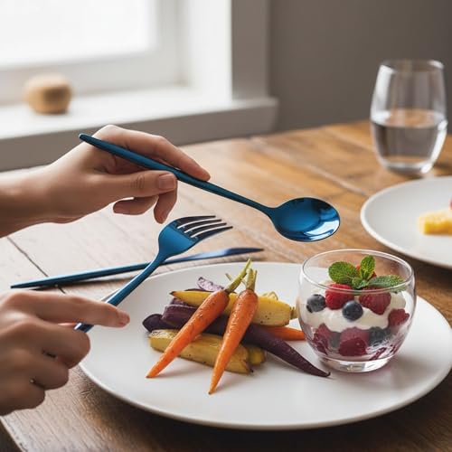 Image of 12 Pcs Blue Slim Handle Stainless Steel Cutlery Set for Dining Table with Spoons and Forks Set + Butterknives - The Perfect Tableware /Flatware
