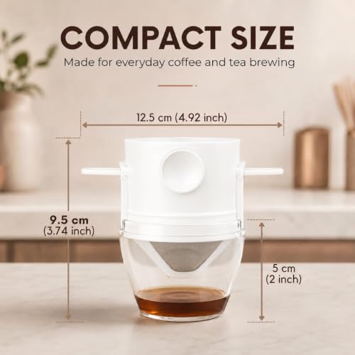 Image of Portable Coffee Dripper Filter, Reusable Paperless Pour Over Coffee Maker with Stainless Steel Mesh, Built-in Holder, No Drip Design for Travel Cups & Mugs (White)