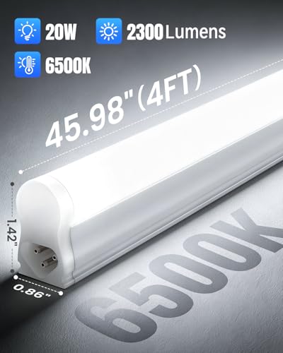 Image of (2 Pack 4FT T5 LED Shop Light,6500K,20W,2300LM(Super Bright White) Linkable LED Integrated Fixture,Garage Ceiling and Cabinet Light,Strip Light,Corded Electric with ON /Off Switch