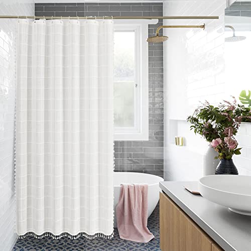 Gibelle White Boho Farmhouse Shower Curtain With Tassels, Shabby Chic Cute Cottagecore Bathroom Decor Thick Waffle Weave Textured Fabric Shower Curtain Set With Hooks, 72X72 #TOP1