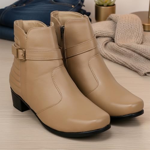 Image of TRASE Stylish Boots for Woman | Synthetic Leather Trendy Winter Shoes with Buckle Strap & Zipper | Comfortable & Lightweight Ladies Footwear