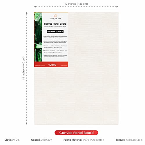 Image of Scholar Art Hobby Series 04 Oz (230 GSM) 100% Cotton Canvas Panel Board for Painting (White Blank Canvas Boards for Acrylic Paint, Oil Paint, Wet & Dry Media) | 12 inchx16 inch (30x40 cm), Pack of 12