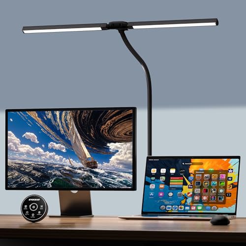 EYOCEAN Schreibtischlampe Doppelkopf Schreibtischlampe Klemmbar 16W 72cm Tageslichtlampe Schreibtisch mit Fernbedienung Dimmbare Monitor Lampe Schwanenhals Büro Tischlampe Augenschutz Klemmlampe