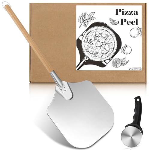 Pleafind pizza peel aluminio pizza peel, antiadherente pizza peel 12 pulgadas con mango de madera plegable para un fácil almacenamiento, pizza horno accesorio con acero inoxidable pizza rueda de corte