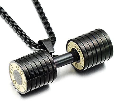 Dumbbell Necklace For Men Women Charm Stainless Steel Weight Lifting Necklace Chain Non Tarnish Waterproof Hypoallergenic Jewelry For Father Bro Him Fitness Enthusiast Coach Athletes (Black)
