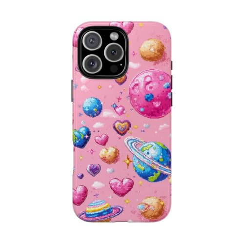 Coque iPhone 16 Pro Max rigide brillante Pixel Art cœurs