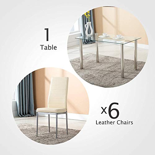 Mecor 7-Piece Glass Kitchen Dining Table Set, Glass Top Table with 6 Faux Leather Chairs Breakfast Furniture(Beige)