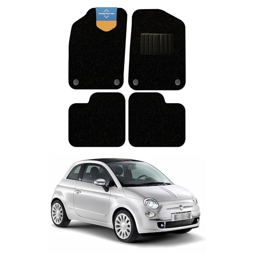 Fiat 500 2012 onwards Tailored Car Floor Mats - Black Carpet + PVC Heel Pad Anti-Slip OEM Clips UK-Made with Black Cloth-Bound Edge - Prestige Mats