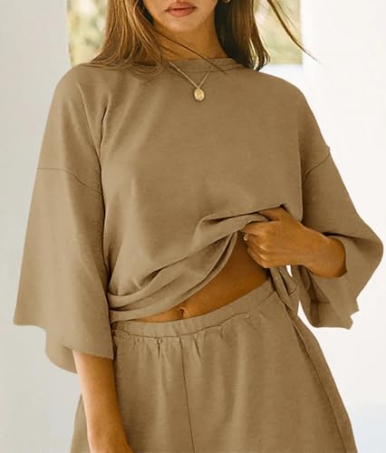 Image of Tankaneo Womens Pajama Sets 3 /4 Sleeve Oversized Tops & Loose Fit Shorts Lounge Set with Pockets Loungewear