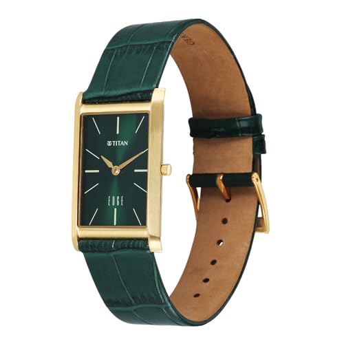 Image of EDGE Titan Monture Quartz Analog with Green Dial Gold Leather Strap Watch for Men - 1043YL11