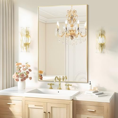 26x38Inch Gold Bathroom Mirrors for Over Sink, Rectangle Vanity Mirror with Metal Frame Wall Mounted, Modern Farmhouse Mirror for Restroom, Bedroom, Entryway