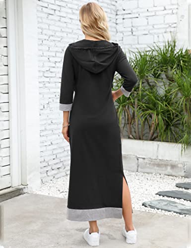 Image of MISSKY Women Casual Pocket Quarter-Zip Neck 3 /4 Sleeve Slim Split Pullover Hoodie Maxi Dress