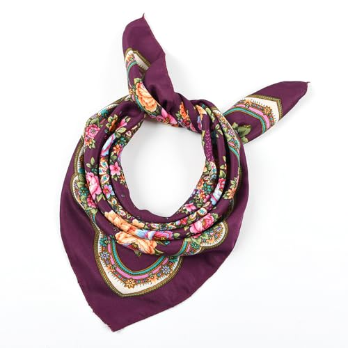 Floral Print Square Scarf, Russian Style Cotton Neck Scarves, colors such as black, red, purple, etc4