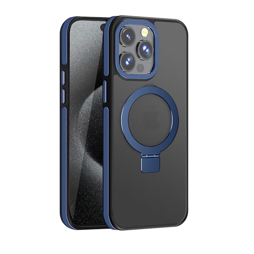 Image of amazon basics Grip Case for iPhone 15 Pro | Horizontal and Vertical Metal Rotating Stand (Blue)