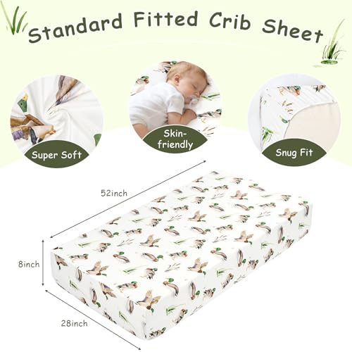 Image of Mallard Duck Baby Crib Bedding Set for Boys, 4 Piece Green Baby Bedding Include Crib Skirt, Comforter, Fitted Sheet, Diaper Stacker