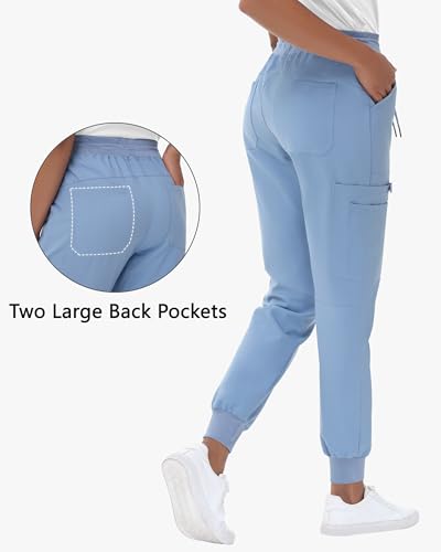 Image of MIVEI High Waisted Jogger Style Scrub Pants for Women - 8 Pockets Medical Bottoms Tapered Yoga Waistband Ribbed Ankle Cuffs