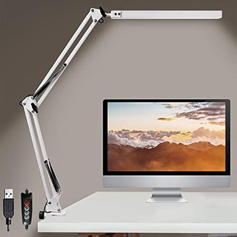 GLOBAL GOLDEN LED Desk Lamp with Clamp, Desk Light Metal Swing Arm Desk Lamp Eye-Care Dimmable USB Table Lamp for Study, Office, Working, Drawing, 3 Lighting Modes,10 Adjustable Brightness Cover