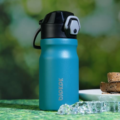 Image of BJPKPK 14 oz Insulated Water Bottle, Straw, Handle, Stainless Steel Flask | Leak Proof Locking Lid, Double Wall Vacuum, Keeps Hot /Cold, BPA Free, Dishwasher Safe, Travel & Sports, Indigo Black