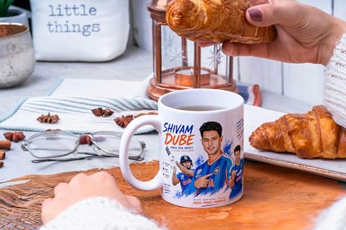 Image of Cricket Theme Coffee Mug IPL Edition - Stylish Helicopter Shot Print Cup - Gift for Cricket Fans, Boys & Friends (Shivam Dube, Large)