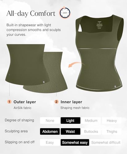 Image of Popilush Tank Tops for Women Square Neck Shapewear Tummy Control Shirts Sleeveless Basic Double Lined Going Out Top