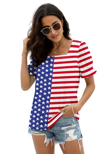 Image of WIHOLL Tops for Women Summer Casual Ruffle Trim Sleeve Square Neck T Shirts