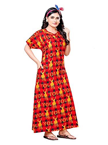 Image of PNAEONG Women Cotton Printed Nighty, Gown Maxi - Free Size Joy, Red