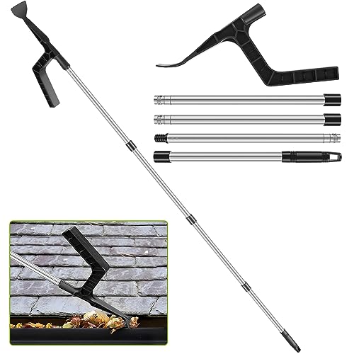 Gutter Cleaning Tool Roof Gutter Cleaner with 70.8in Telescopic Extendable Pole, Detachable Cleaning Scraper Tool Roofing Guard Cleaner Tool for Cleaning Leaves and Debris