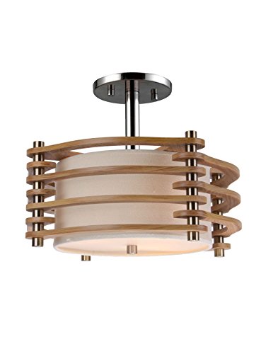 Woodbridge Lighting 16035STN-WSA3AS 16035STN Steps 3-Light Wood and Fabric Shade Semi-Flush, Nickel, Ash