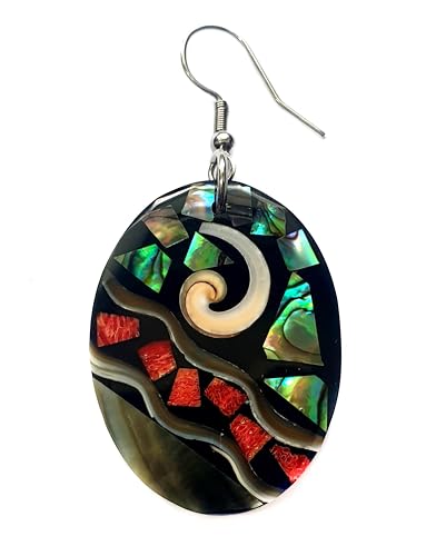 Oval Paua Abalone, Red Coral & Mother of Pearl Earrings, Dangle Drop Seashell Fashion Jewelry DA1173