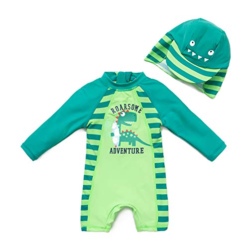 upandfast Kids One Piece Zip Sunsuit with Sun Hat UPF 50+ Sun Protection Baby Beach Swimsuit (Dinosaur, 9-12 Months)