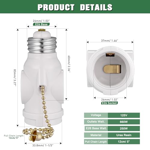2-pack e26 light socket adapter - converts medium screw socket to two outlets with pull chain switch - ul listed white