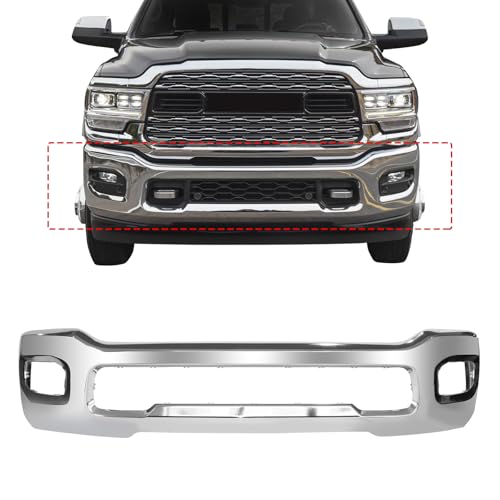 New Upgrade Front Bumper Face Bar Assembly Compatible with 2019 2020 2021 2022 2023 2024 Ram 2500/3500, Chrome Front Step Bumper Replacement 6QB391Z0AB W/O Sensor Holes W/Fog Holes