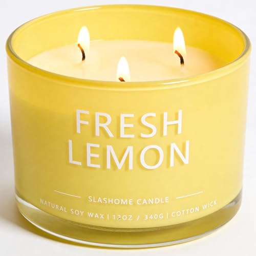 Fresh Lemon Scented Candle Luxury Large 3 Wick Soy Candle 12 Oz 60+ Hour Long Lasting Clean Burn Elegant Aromatherapy Home Decor Housewarming & Birthday Gift for Men & Women