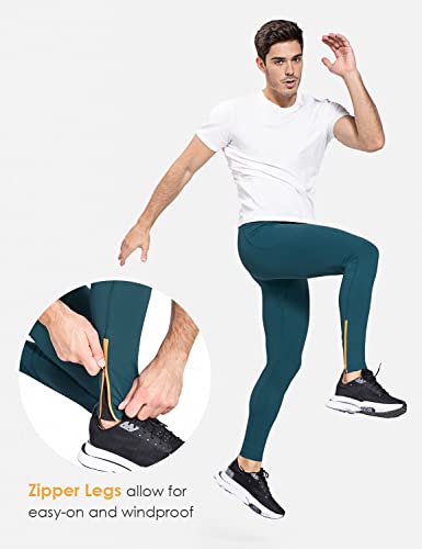 Baleaf Men's Fleece Running Tights Cycling Thermal Pants Water Resistant Zipper Legs Pockets Winter Leggings Cold Gear Blue Size L #TOP4