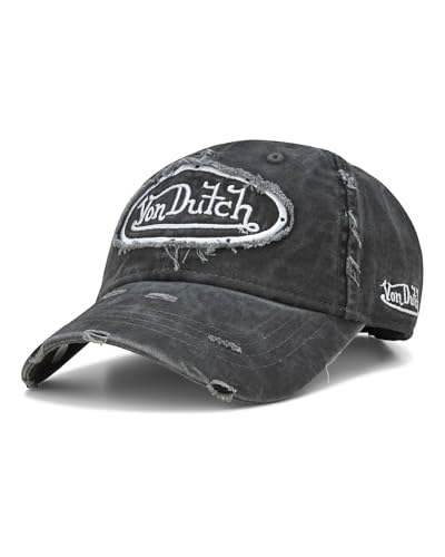 Von Dutch Men & Womens Baseball Caps - Breathable Adjustable Snapback Soft Cotton Canvas Curved Brim Vintage Hat, Size One Size, Black Distressed with Patched