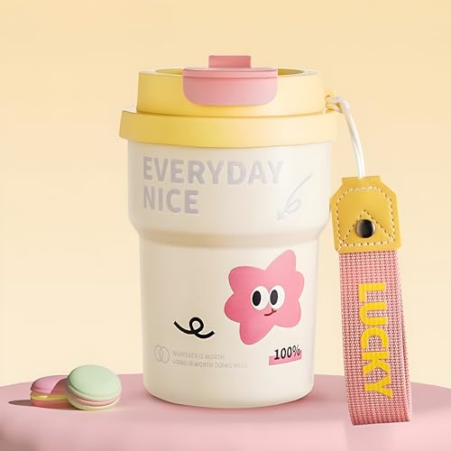 Image of Motka 400ml Stainless Steel Vacuum Insulated Coffee Tumbler with Straw & Direct Sip Lid | Travel Mug | Leak-Resistant | Reusable Cup with Strap | Sipper for Hot & Cold Drinks | Thermos Flask | Yellow