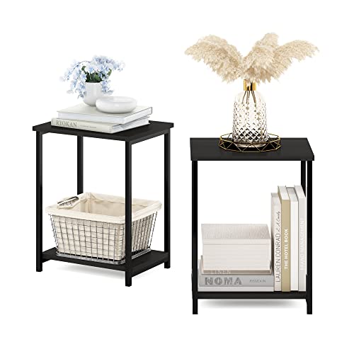 Image of Furinno SIMPLISTIC Side Table Set of 2, 2-Tier Modern Metal Frame End Table with Open Shelf, Night Stand, Bedside Table, Easy Assembly, for Living Room, Bedroom, Espresso